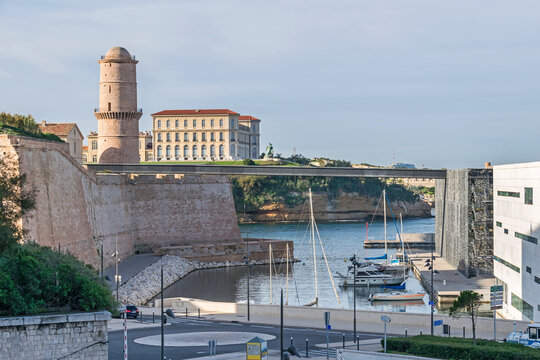 Historic port area with Esplanade J4, Fort Saint-Jean, palace Palais du Pharo and MuCEM in Marseille, France