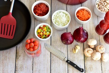 Fresh organic healthy ingredients ready for preparing homemade stews and soups for family meals to eat 