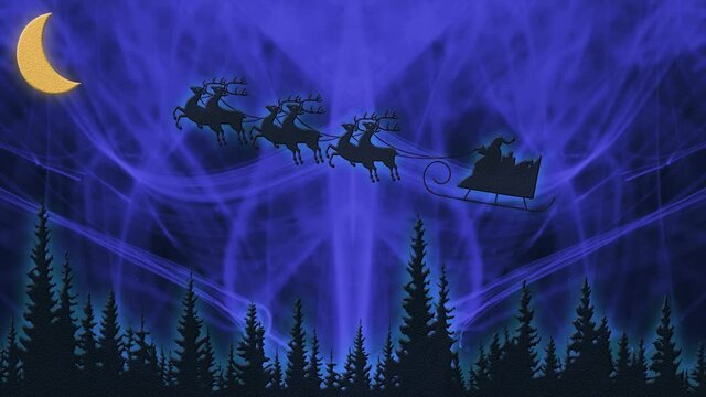Santa Claus on a reindeer sleigh flies over the ground. Moon in the sky. Christmas video footage