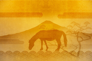 金屏風と富士山と馬