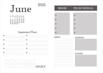 Planner for 2021. Monthly planning on June