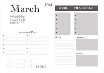 Planner for 2021. Monthly planning on March