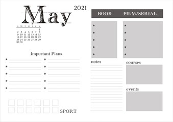 Planner for 2021. Monthly planning on May