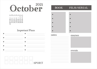 Planner for 2021. Monthly planning on October