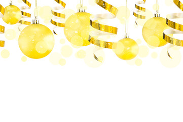 Horizontal seamless Christmas background with glass yellow balls and glossy gold ribbon isolated on white with bokeh
