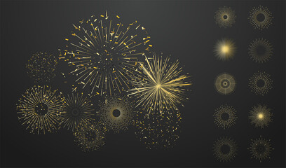 Set of isolated gold festive fireworks on a isolated background. Celebration fire show in night sky. Beautiful golden fireworks on black background. Bright decoration Christmas card, Happy New Year