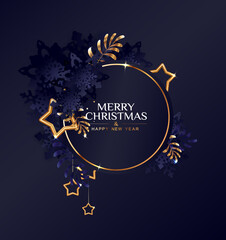 Christmas circle frame with dark blue snowflakes and golden stars.