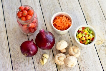 Fresh organic healthy ingredients ready for preparing homemade stews and soups for family meals to eat 
