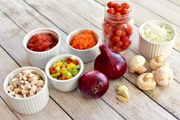 Fresh organic healthy ingredients ready for preparing homemade stews and soups for family meals to eat 