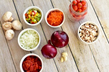 Fresh organic healthy ingredients ready for preparing homemade stews and soups for family meals to eat 