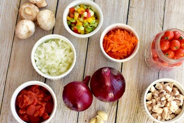 Fresh organic healthy ingredients ready for preparing homemade stews and soups for family meals to eat 