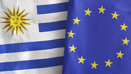 European Union and Uruguay two flags textile cloth 3D rendering