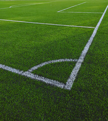 Artificial grass soccer field. Corner kick line of ball and a soccer field , football field ,...