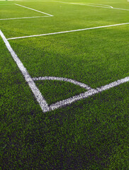 Artificial grass soccer field. Corner kick line of ball and a soccer field , football field , background texture