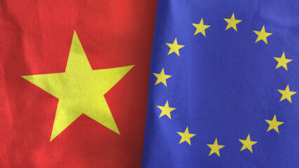 European Union and Vietnam two flags textile cloth 3D rendering