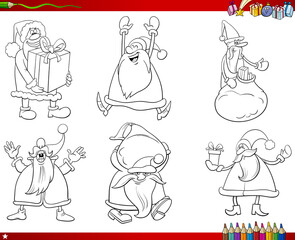 black and white Santa Claus characters set coloring book page