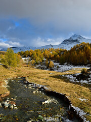 Fototapeta premium Campagneda creek at the foot of Pizzo Scalino Mountain, dressed by autumn colors