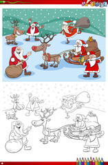 Santa Claus characters group on Christmas time coloring book page