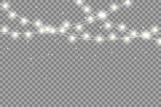 Christmas lights isolated realistic design elements. Glowing lights for Xmas Holiday cards, banners, posters, web design.