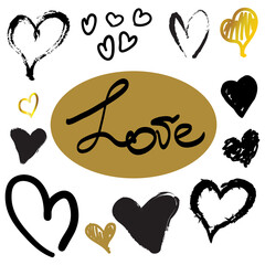 Hand drawn hearts black and gold lettering word love