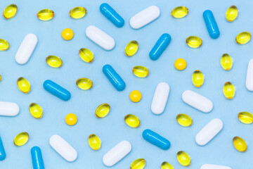 Different tablets and capsules. Healthy life concept, supplements, vitamins.