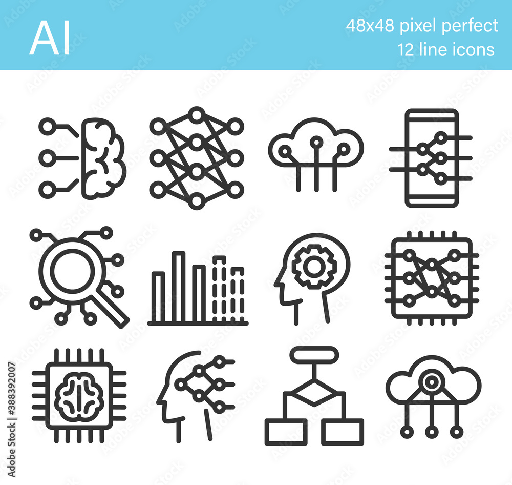 Leinwandbilder set of artificial intelligence icons. artificial brain, neural network