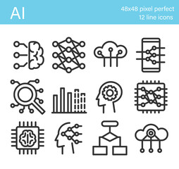 Set of artificial intelligence icons. Artificial brain, neural network