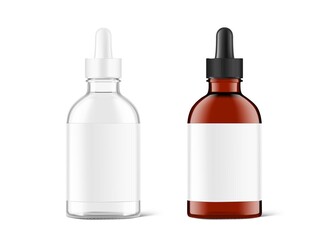 Realistic transparent and brown glass dropper bottle mockups. Vector illustration isolated on white background. Сan be used for cosmetic, medical and other needs. EPS10.	