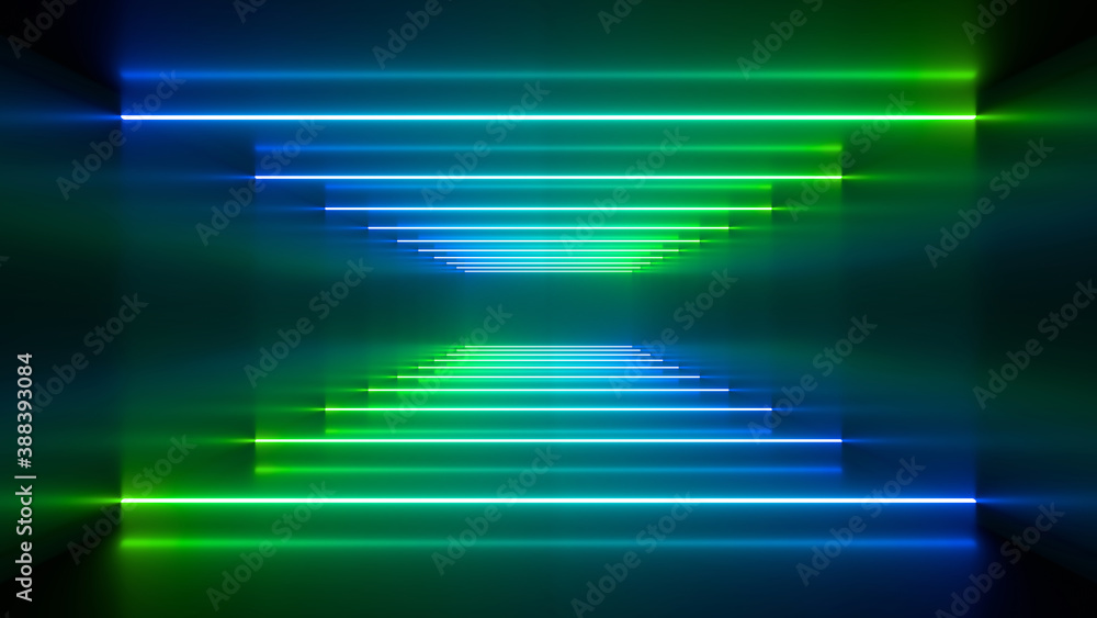 Aufkleber a dark corridor lit by colorful neon lights. reflections on the floor and walls. 3d rendering image.