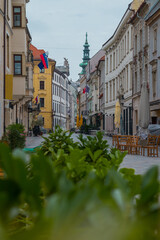 Streets of Bratislava, Slovakia, on a dull day, hiding behind green foliage on the street.