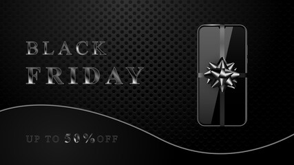 Black Friday Premium Offer, Dark Vector Background, Black Friday Discount Offer with gift smartphone, Luxury Templates for Black Friday  