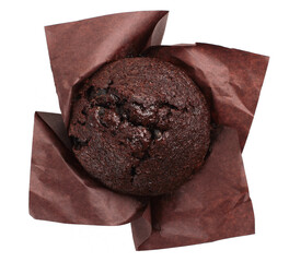 Chocolate muffin isolate on a white background. Top view
