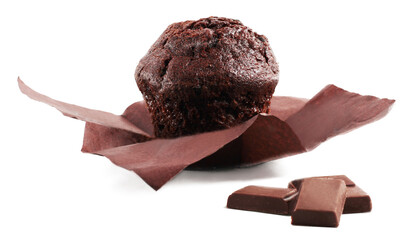 Chocolate muffin and chocolate bars isolated on a white background. Side view