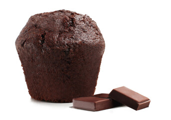 Chocolate muffin and chocolate bars isolated on a white background. Side view