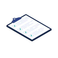Isometric checklist vector illustration. Pad with sheets of paper and a list of tasks with checkboxes that are checked with a green check mark. Vector illustration form application
