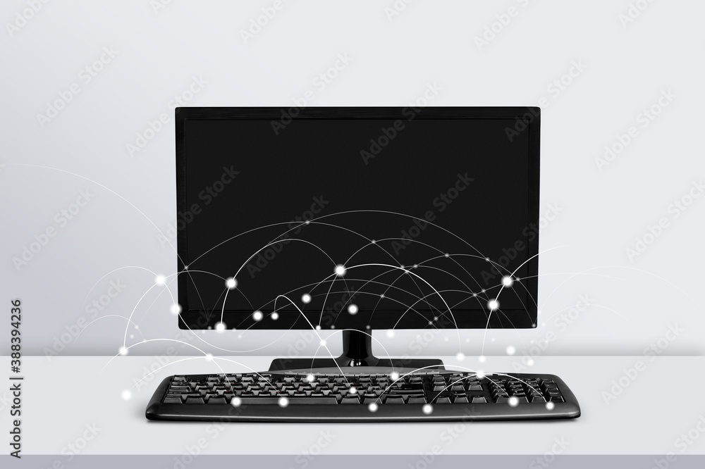 Poster modern desktop computer and keyboard on desk