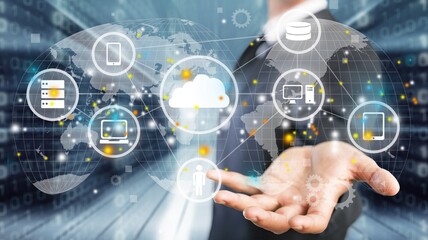 Businessman hand with social media illustration