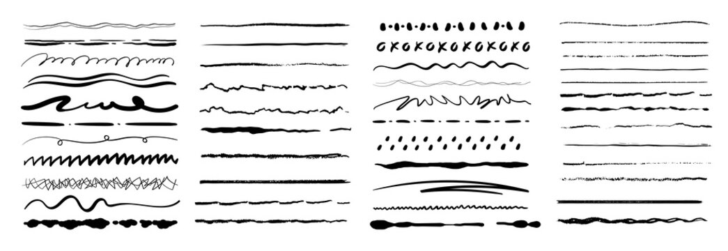 Set of artistic pen brushes. Vintage doodle underlines. Hand drawn grunge strokes. Scribble marker borders, sketch underlines. Set of black strokes. Marker hand-drawn vector line border