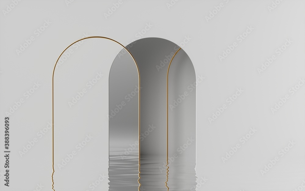 Poster 3d render, abstract modern minimal white background with arches and reflection in the water on the w