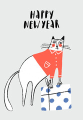 Happy New Year - Christmas poster with white handdrawn cat in red jacket and gift box. - 388396079