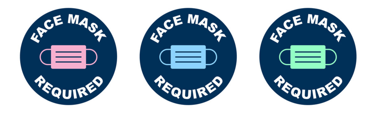 Set of face mask required vector signs. Facemask or covering must be worn in shops or public spaces during coronavirus covid-19 social distancing pandemic. Variety set of vector icons.