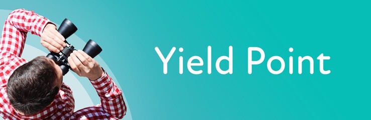 Fototapeta premium Yield Point. Man observing with binoculars. Focus on text/word. Panorama format. Blue/turquoise background.
