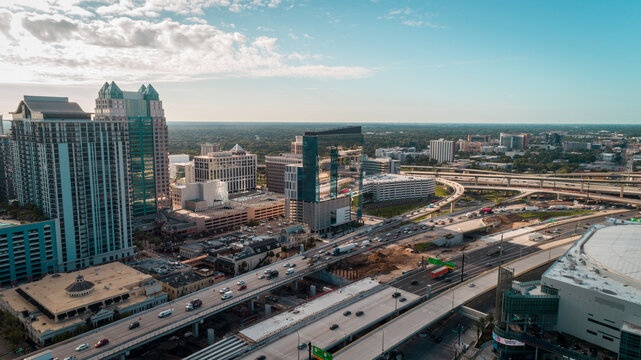 "Orlando, FL / USA - 08-31-2020: Drone view over the interstate in Downtown Orlando."	