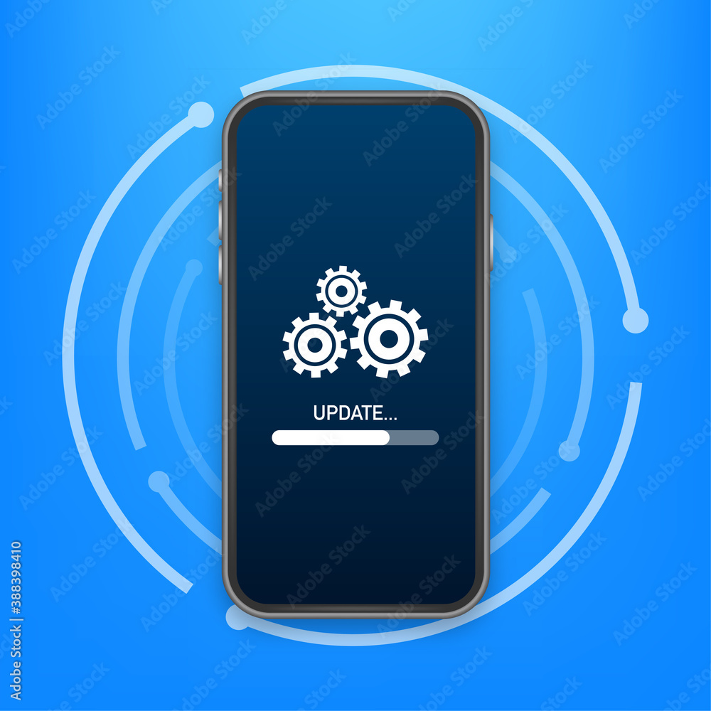 Poster system software update, data update or synchronize with progress bar on the screen. vector illustrat