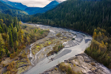 Aerial View of the Nooksack River During the Autumn Season. Yellows and greens dominate the...