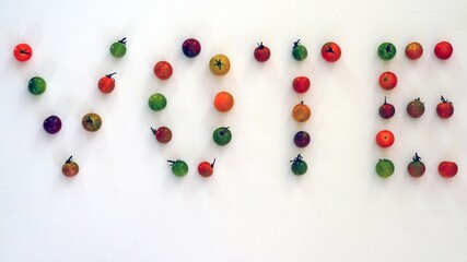 Letters for VOTE made out of colorful cherry tomatoes