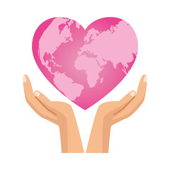 hands lifting world planet with heart shape icon