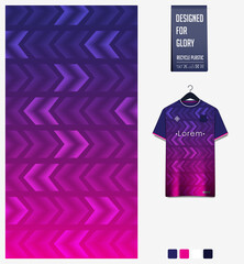 Fabric pattern design. Geometric pattern on violet background for soccer jersey, football kit or sports uniform. T-shirt mockup template. Abstract sport background.