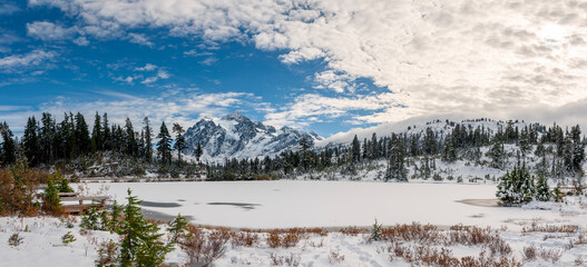 Picture Lake and Mt. Shuksan in a Winter Wonderland. One of the most photographed mountains in the world after the first snowfall of the winter season in the Pacific Northwest. © LoweStock