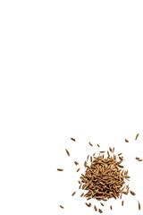 Top view of a pile of organic dry cumin seeds isolated on a white background
